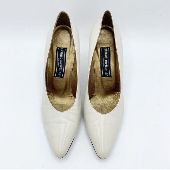 Stuart Weitzman Vintage Ivory Pointed Toe Pump w/Gold Metal Stiletto Heel 7.5 - Picture 5 of 16